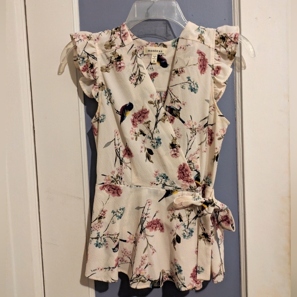 Monteau Tops - Floral & Bird Print Wrap Shirt with Ruffle Sleeves